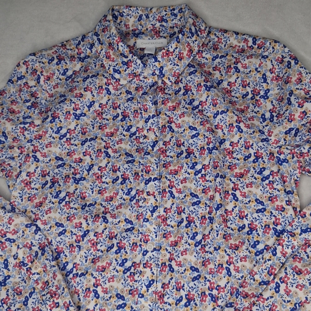 Charter Club Button-up Shirt Floral Multicolor Long Slv Stretchy Preppy Sz 4